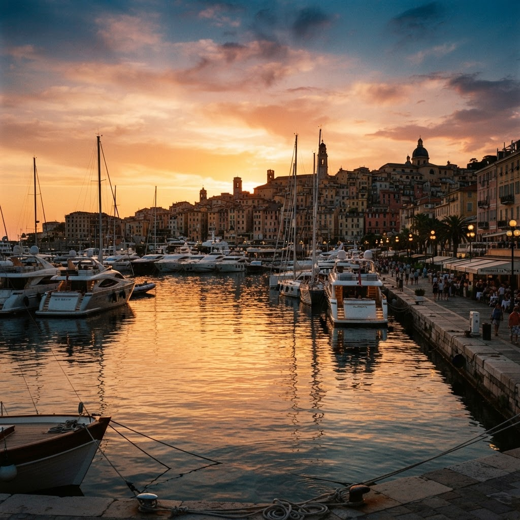Hafen von Sanremo bei Sonnenuntergang