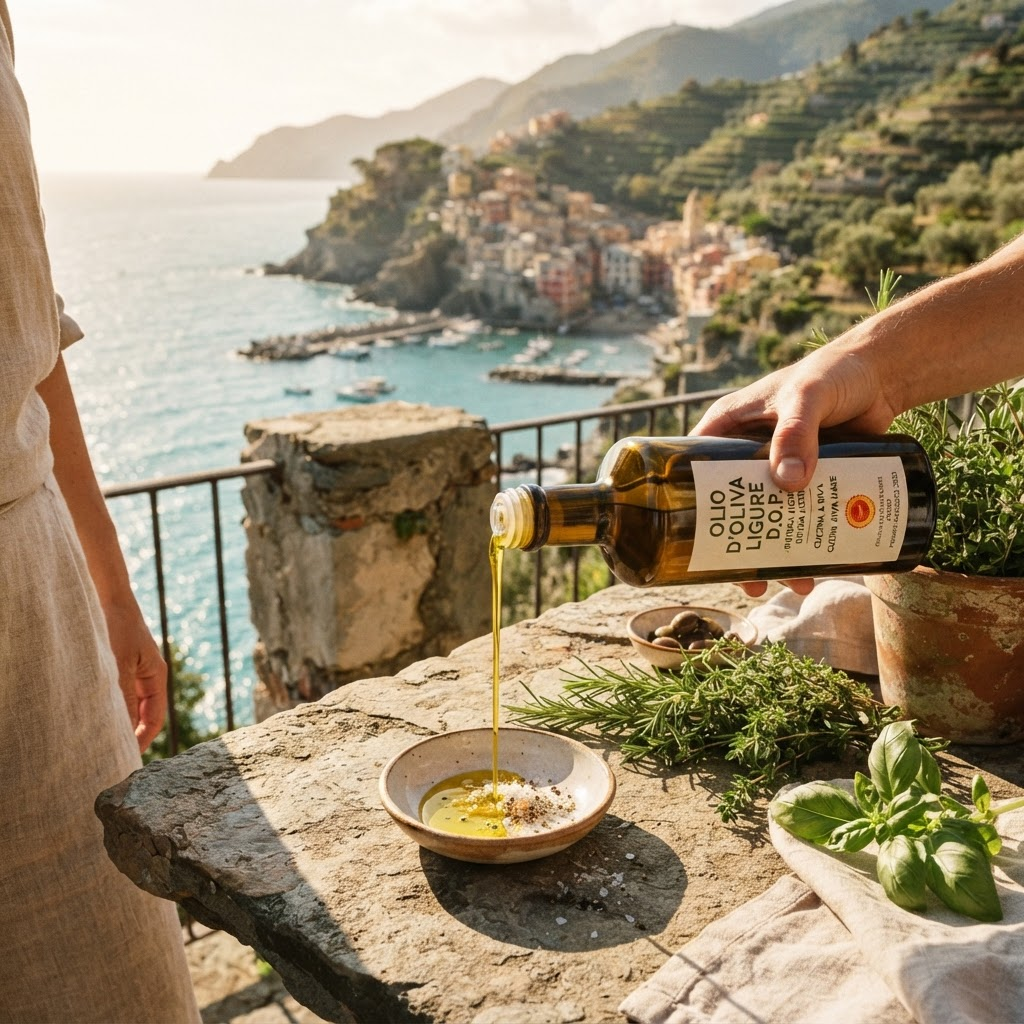 Frisches mediterranes Olivenöl und Kräuter aus Ligurien