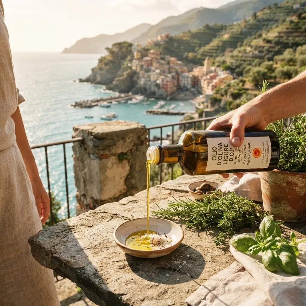 Frisches mediterranes Olivenöl und Kräuter aus Ligurien (KI-generiertes Bild)