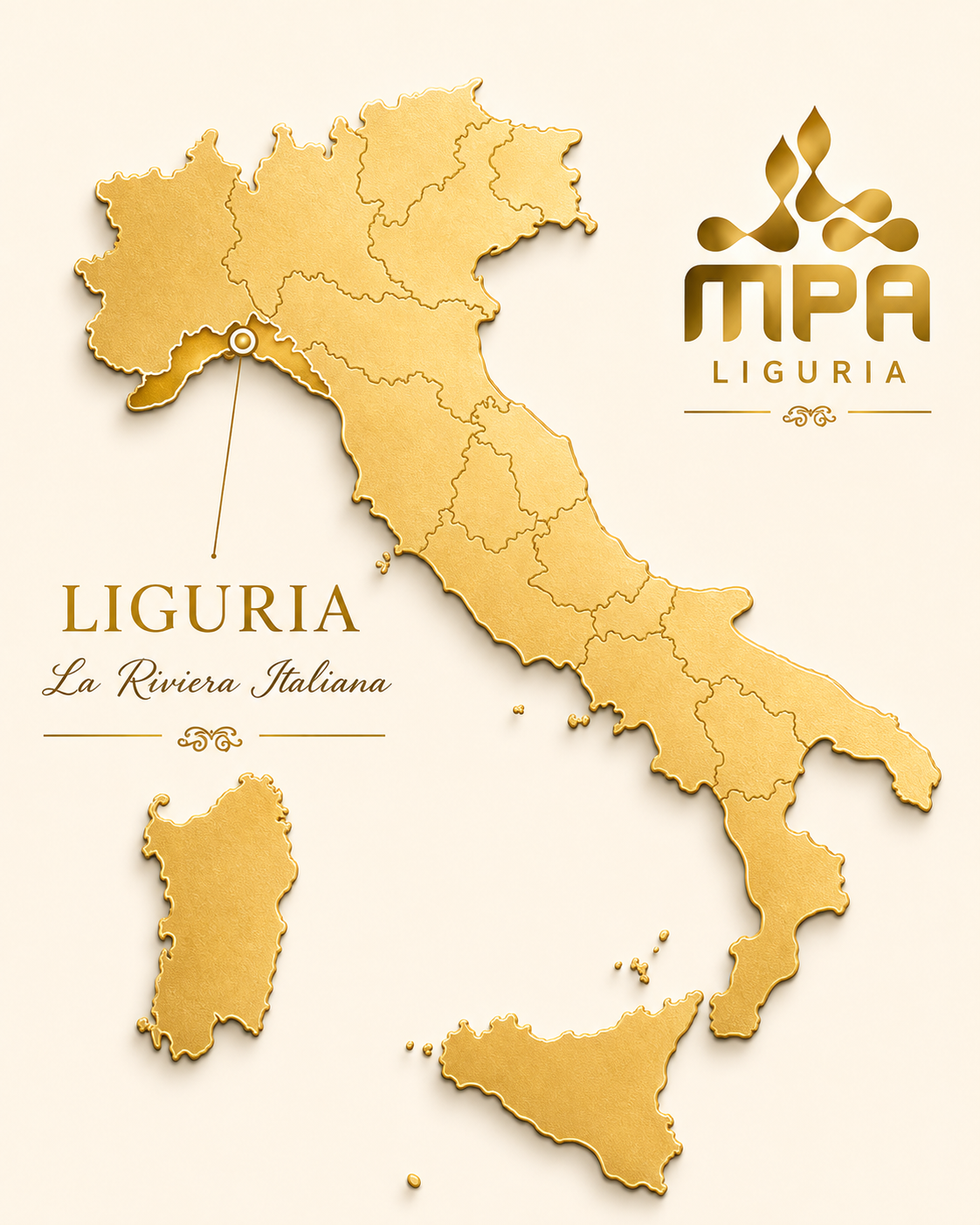 Goldene 3D-Karte Italiens mit Liguria-Markierung – MPA Liguria