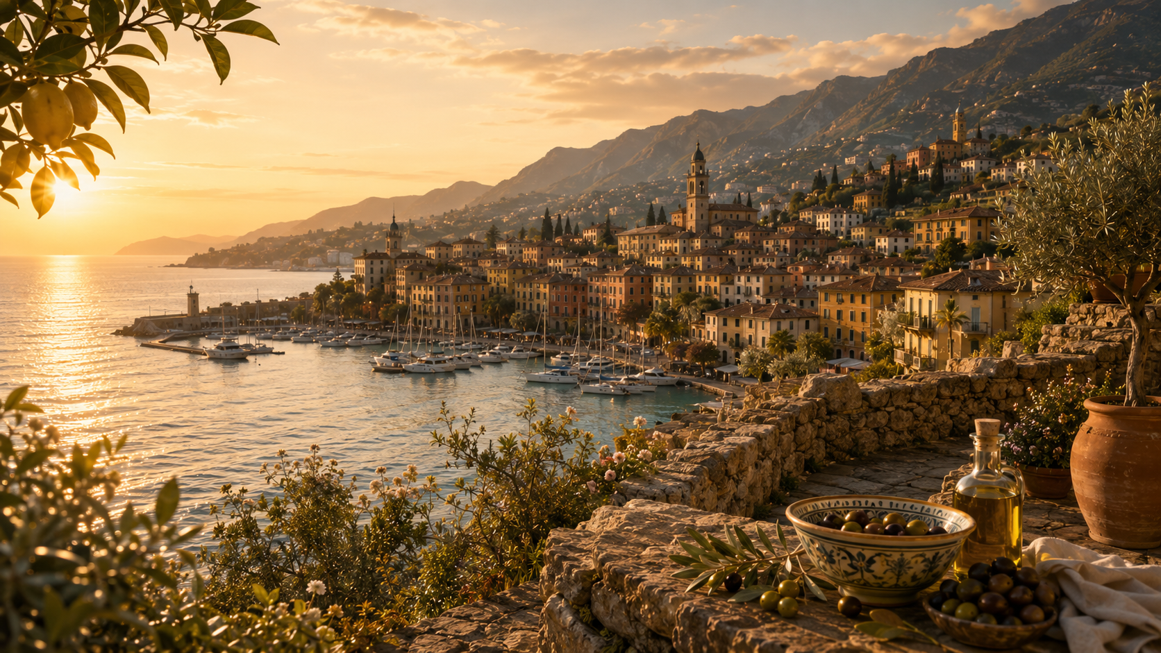 Ligurischer Hafen bei Sonnenuntergang – Segelboote, Altstadt und Oliventerrasse mit Taggiasca-Oliven