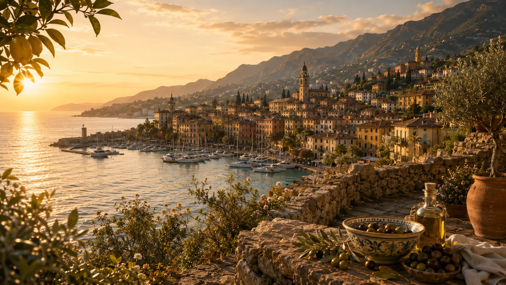 Ligurischer Hafen bei Sonnenuntergang – Segelboote, Altstadt und Oliventerrasse mit Taggiasca-Oliven (KI-generiertes Bild)